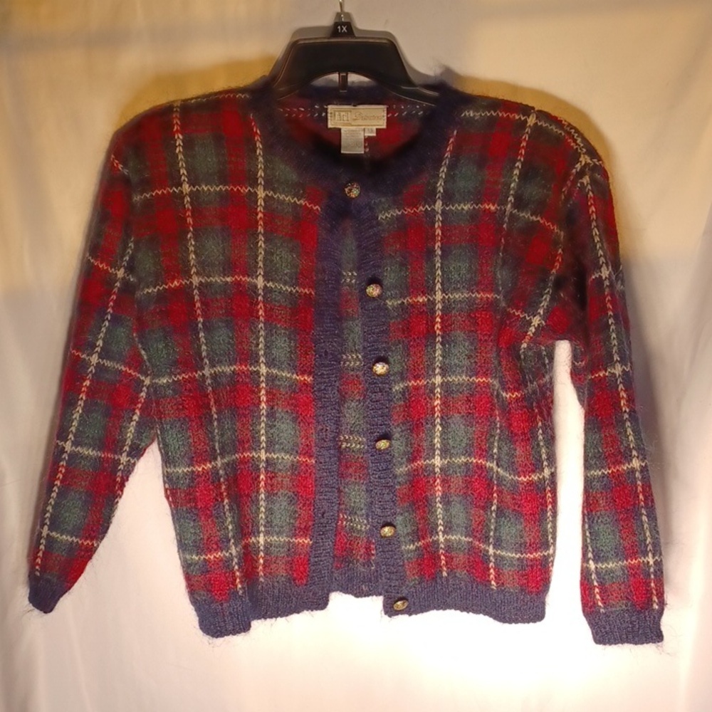 ID Vintage Mohair Blend Plaid Button Front Cardigan Size M, 22" PTP